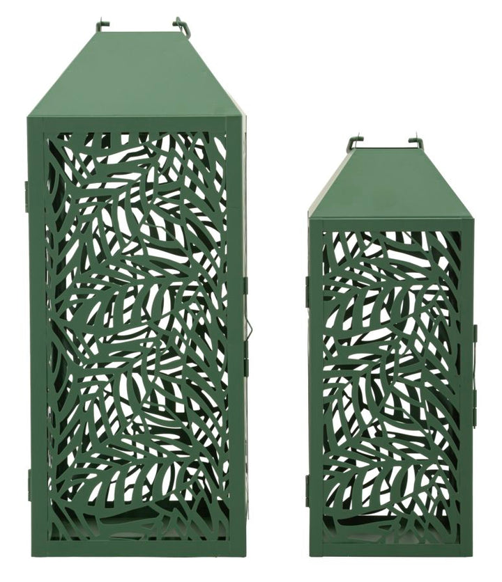 CARVING LANTERN – Sæt med 2 lanterner i grøn (17,8 x 17,8 x 44 cm / 13,8 x 13,8 x 34 cm)