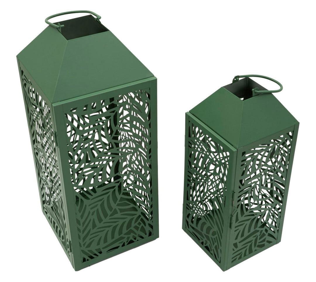 CARVING LANTERN – Sæt med 2 lanterner i grøn (17,8 x 17,8 x 44 cm / 13,8 x 13,8 x 34 cm)