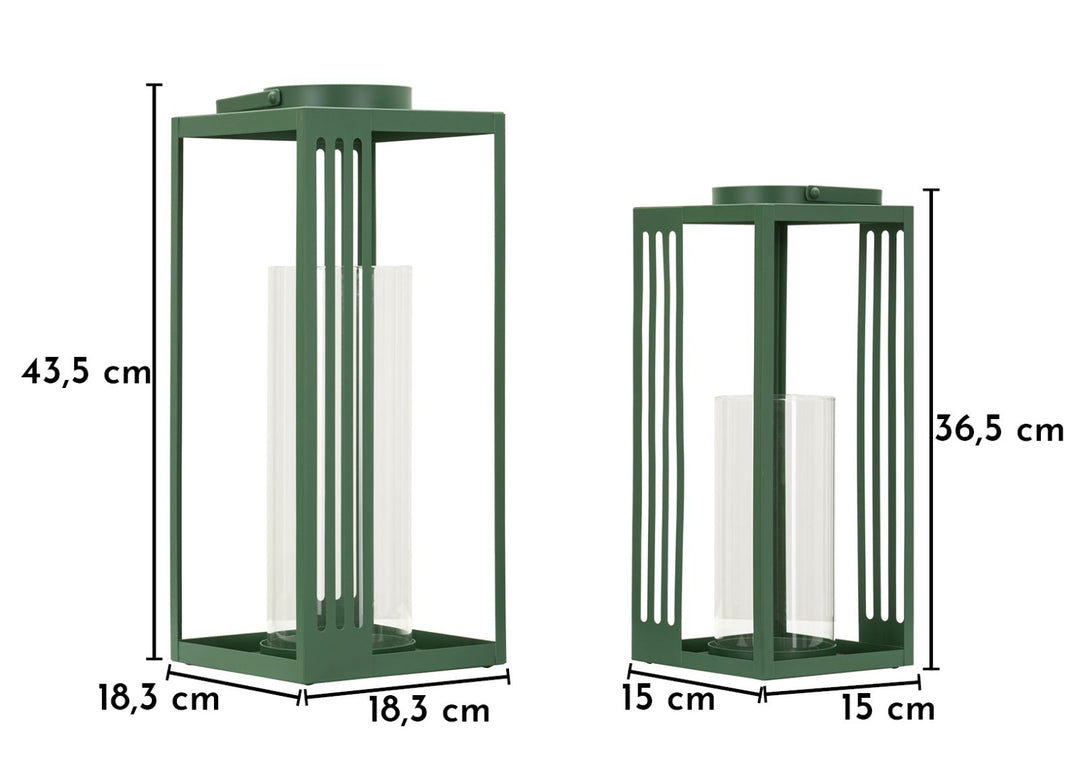 LINEE LANTERN – Sæt med 2 lanterner i grøn (18,3 x 18,3 x 43,5 cm / 15 x 15 x 36,5 cm)