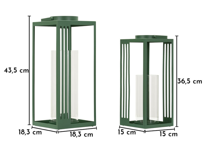 LINEE LANTERN – Sæt med 2 lanterner i grøn (18,3 x 18,3 x 43,5 cm / 15 x 15 x 36,5 cm)