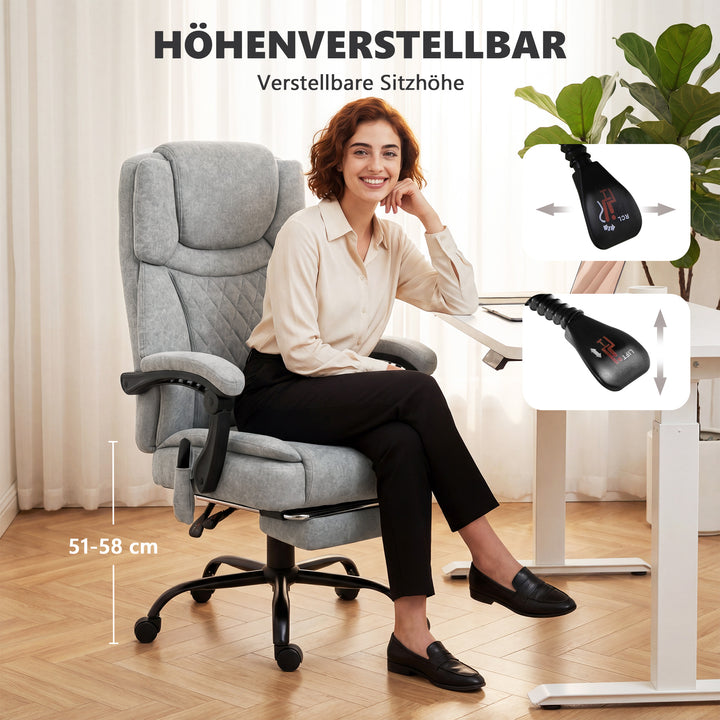 Massagestol med høj ryg, vibration, varmefunktion, justerbar ryglæn, fodstøtte og fjernbetjening, grå