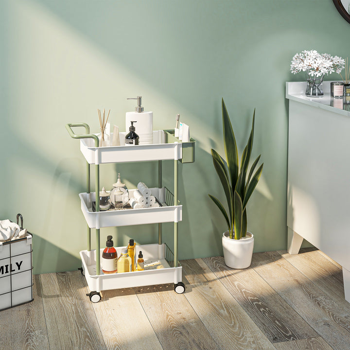 Rullekurv, 3 etager, hængekurv, skubbehåndtag, 4 hjul, metalramme, hvid, 50 x 29,4 x 77 cm