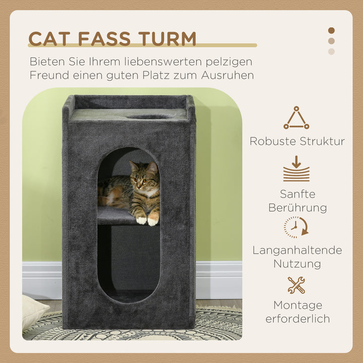 Kradsetønde med 2 kattehuler, 1 hvileområde, sisal kradsemåtte, plys, grå + naturlig