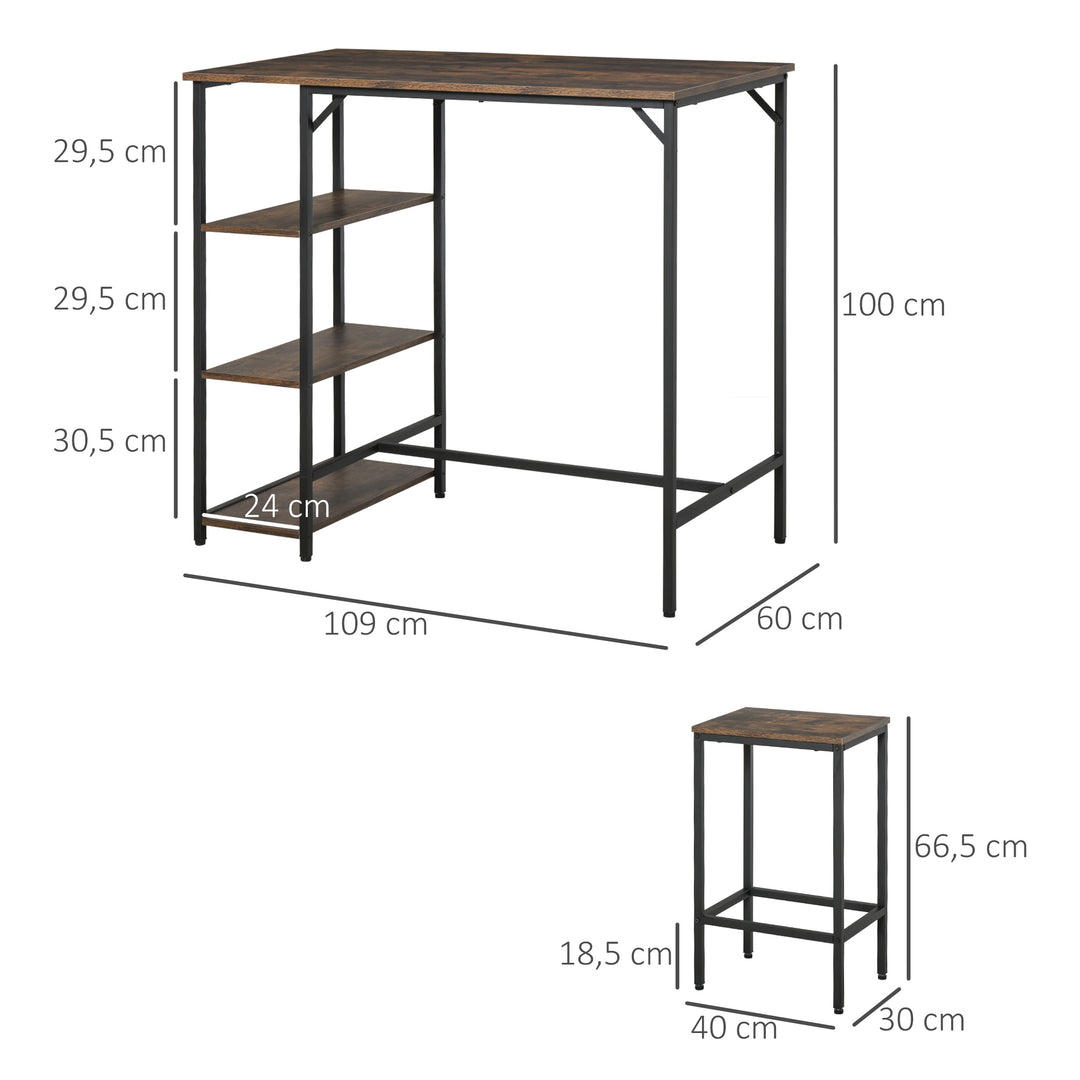 Barbordsæt højbord med 2 barstole spisebordsæt 3-delt bordsæt køkkenbord med hylder spånplade stål rustik brun+sort 109 x 60 x 100 cm