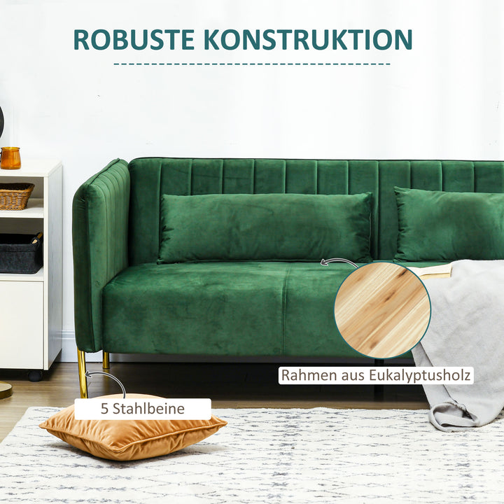 Sofa 3-personers sofa, inklusive 2 hynder, fløjlslook, retrodesign, aftageligt betræk, 195 cm x 88 cm x 76 cm grøn