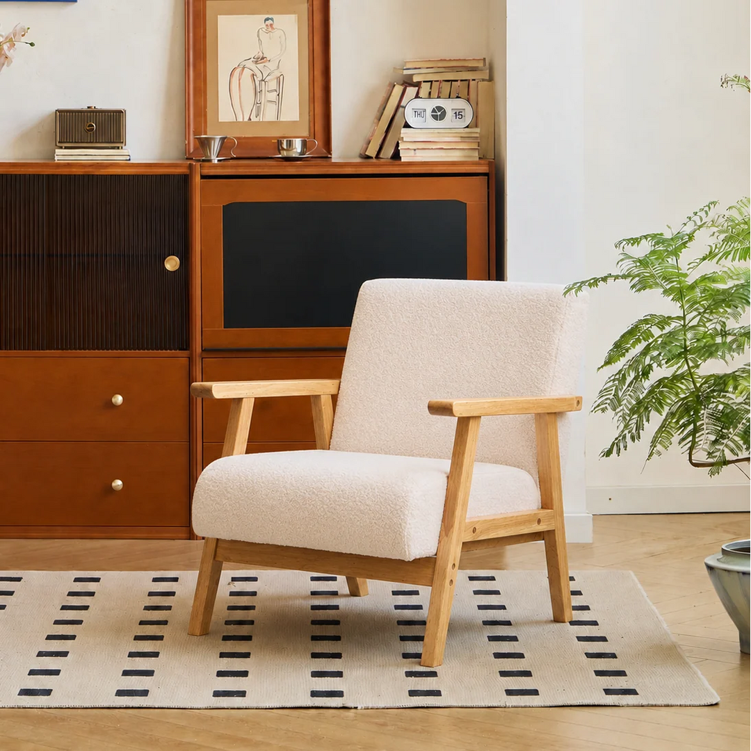 LOUIS Solid Wood White Bouclé Lounge Chair