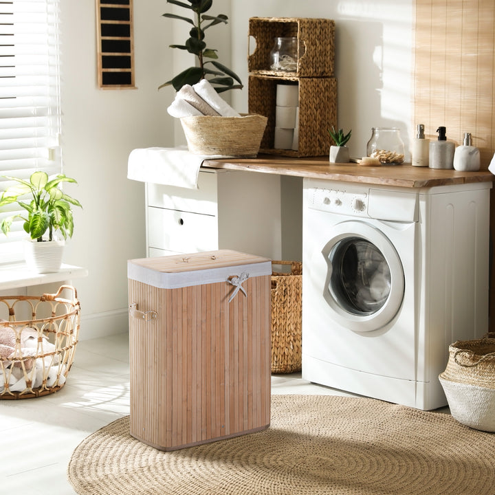 Vasketøjskurv smal med låg 72l vasketøjsopsamler med håndtag, aftagelig vasketøjspose, naturfarvet