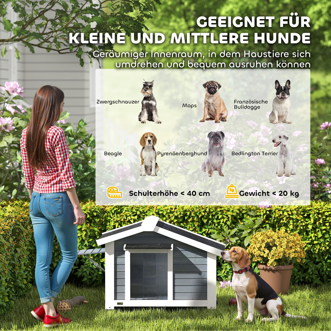 Vejrbestandigt hundehus i træ med aftageligt gulv, asfalttag, vindue der kan åbnes, 98x76x69,5 cm, grå