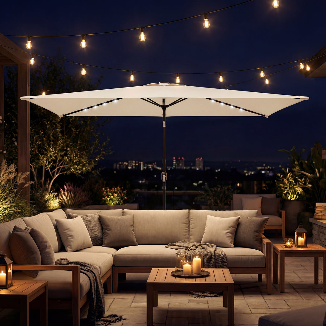 LED solcelleparasol, ca. 300 x 200 cm, vipbar balkonparasol med håndsving, beskyttelsesovertræk, UV-beskyttelse, drejelig, cremehvid