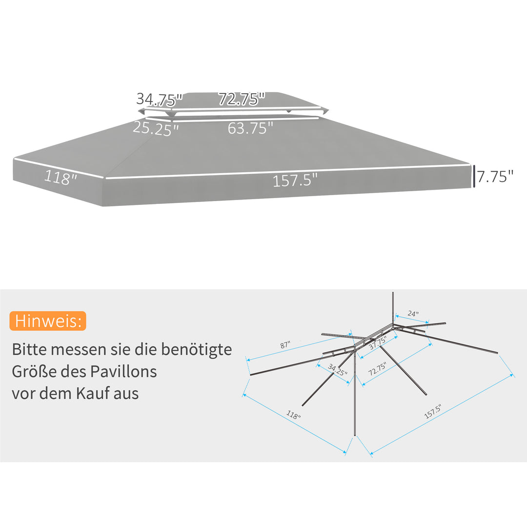 Reservetag til metalpavillon 3x4m vandafvisende pavillontag med dobbelttag, reserveovertræk til havepavillon festtelt havetelt polyester lysegrå