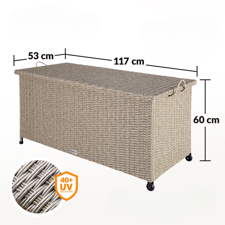 Opbevaringsboks 117x53x60cm polyrattan vandtæt rullebar 2 gastrykfjedre, grå beige