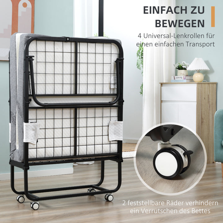 Gæsteseng sammenklappelig seng med hjul stål+skum hvid+sort 200 x 80 x 42,5 cm