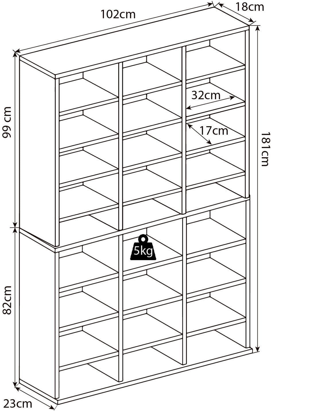 Måldiagram for reol 183 x 102 x 23 cm