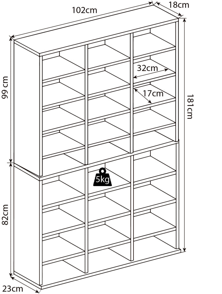 Måldiagram for reol 183 x 102 x 23 cm
