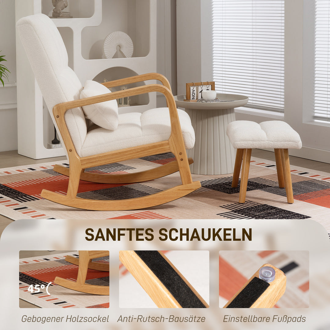 Gyngestol med fodskammel, fleecebetræk, høj ryg, træben, fodpuder, hvid