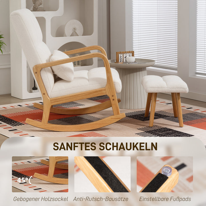 Gyngestol med fodskammel, fleecebetræk, høj ryg, træben, fodpuder, hvid