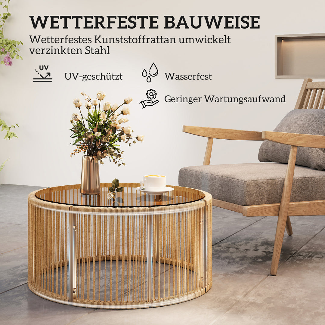 Sidebord af polyrattan, sofabord med hærdet glasplade, havebord med stålstel, 70 x 70 x 33 cm, brun
