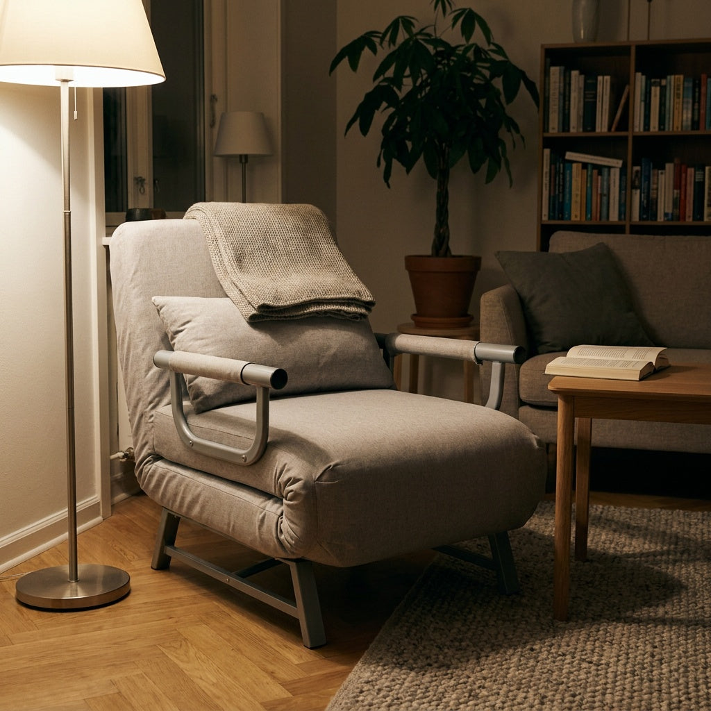 Grå sovestol i varmt aftenlys