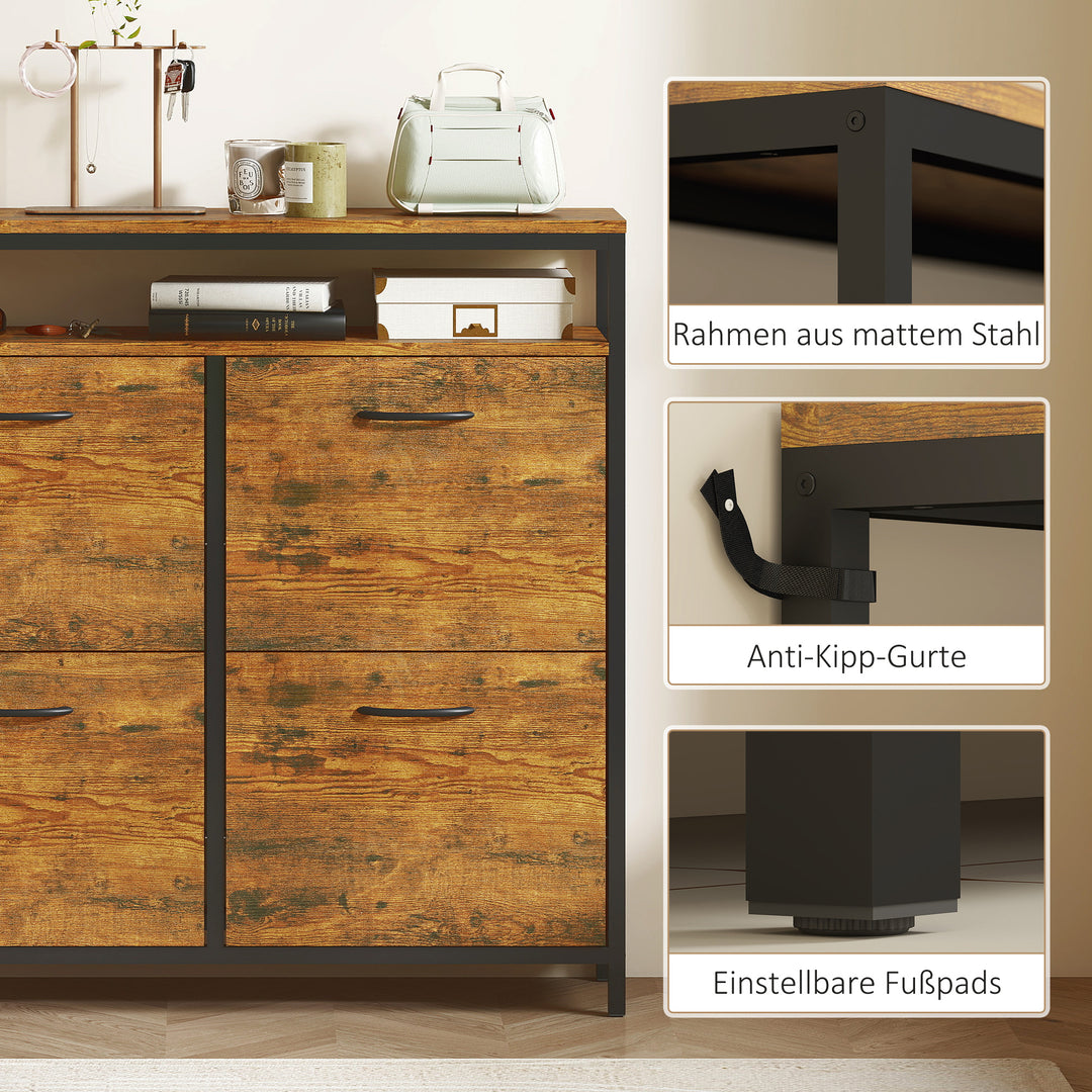 Skoskab med 4 sammenklappelige skuffer, slankt design, åben hylde, til 12-20 par sko, stål, brun