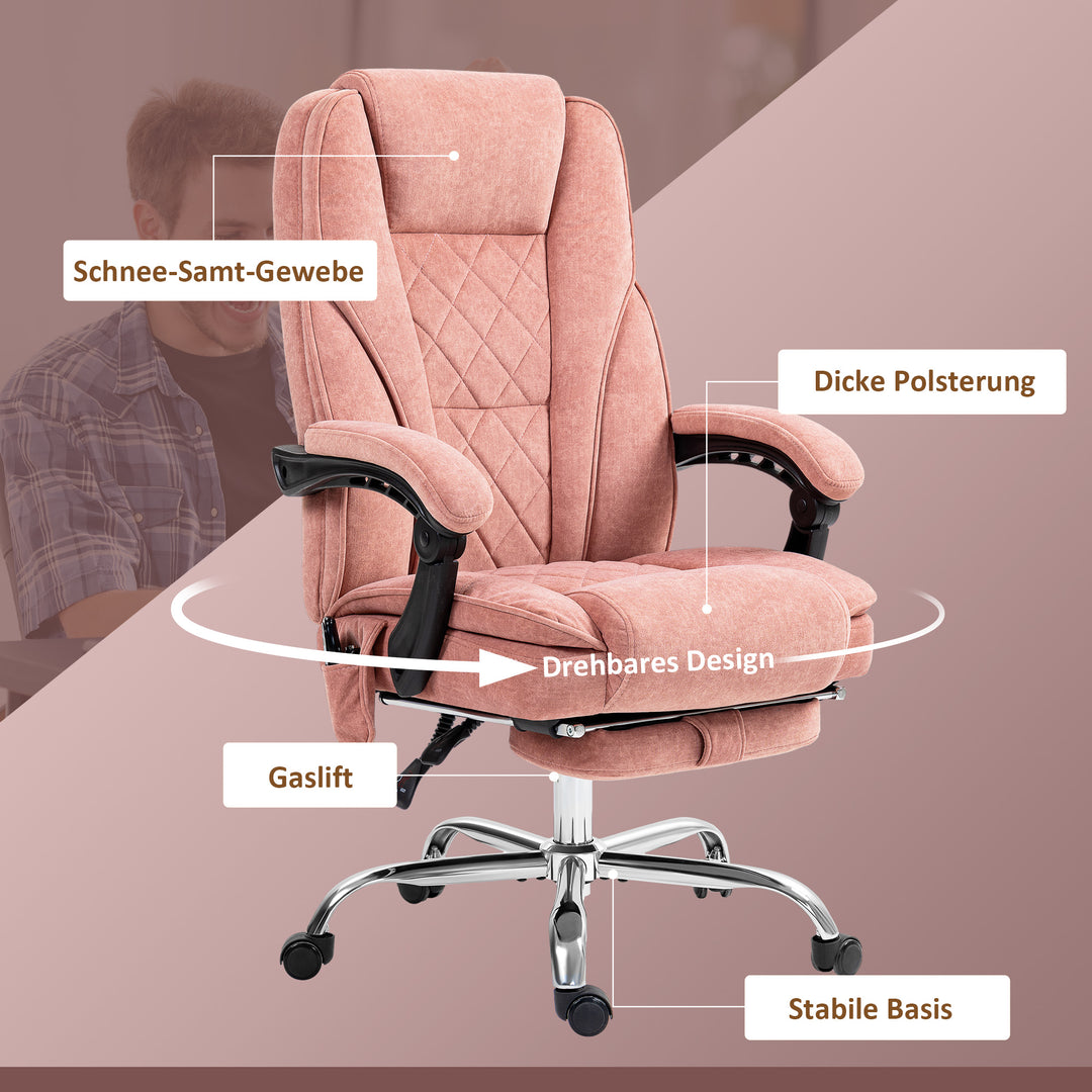 Ergonomisk kontorstol med massagefunktion, fodstøtte, drejelig, rullebar, pink