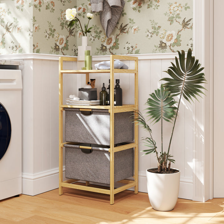 Bambus vasketøjsstativ med 2 stofkurve, åbne hylder, pladsbesparende, naturtræ
