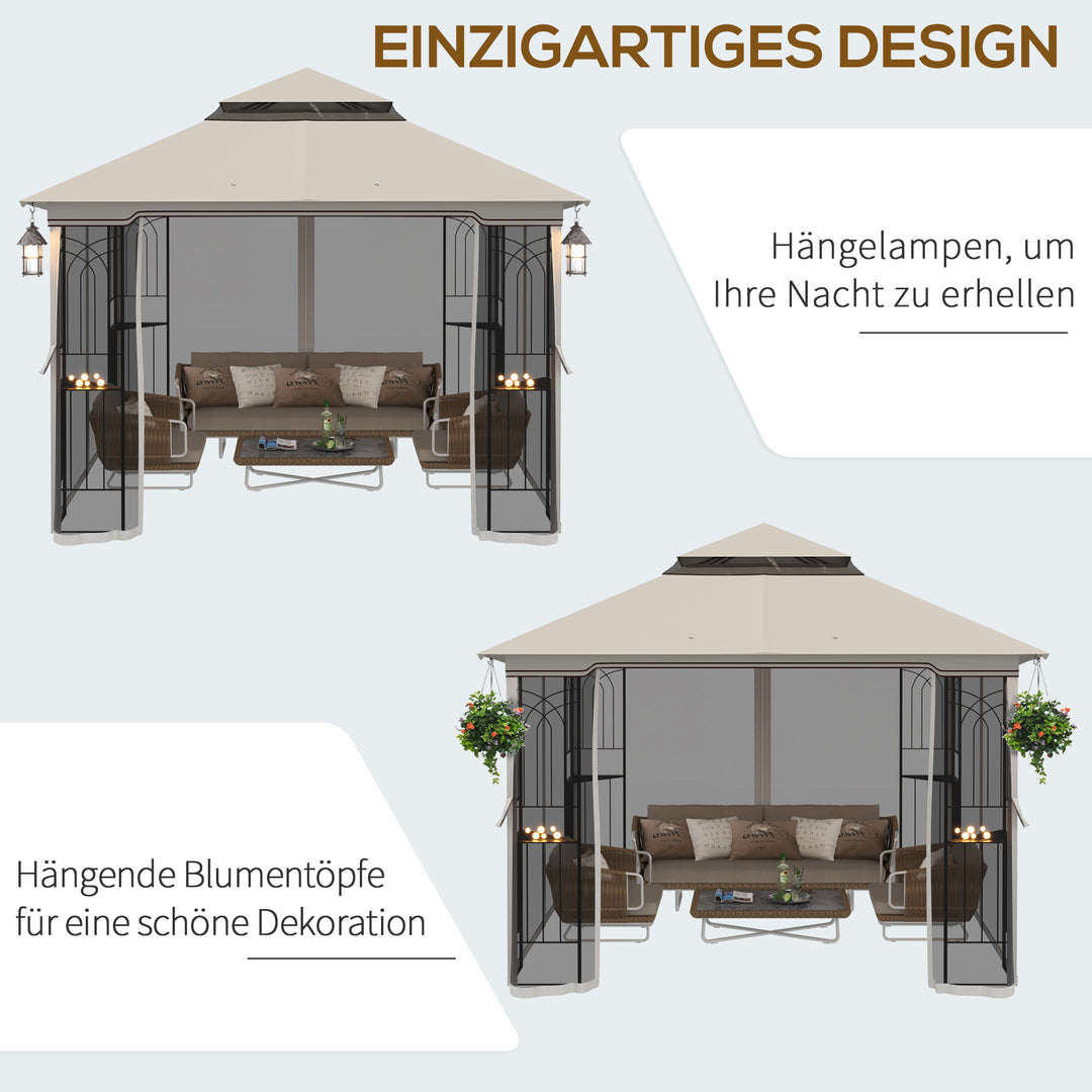 Havepavillon med dobbelttag, pavillon, havetelt, partytelt med 4 sidevægge, metal+polyester, beige, 2,99 x 2,99 x 2,74 m