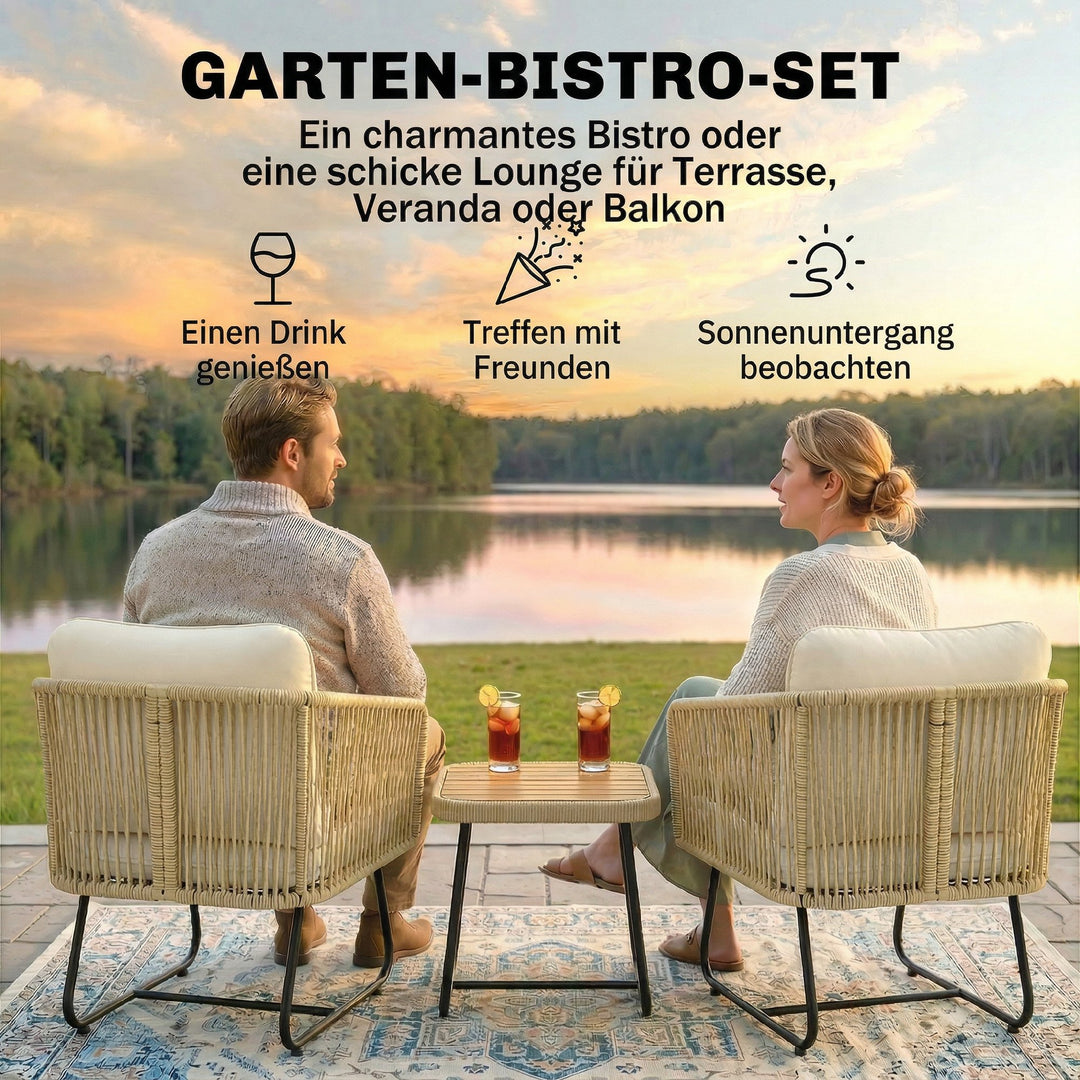 Rattan bistrosæt, 3-delt FSC havemøbelsæt med 2 lænestole, træbord med lamelmøbler, tykke vaskbare hynder, stålstel