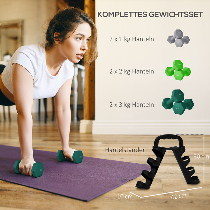 Håndvægtsæt med opbevaringsstativ, sæt med 6 håndvægte til fitnesstræning, 2 x 1 kg, 2 x 2 kg, 2 x 3 kg