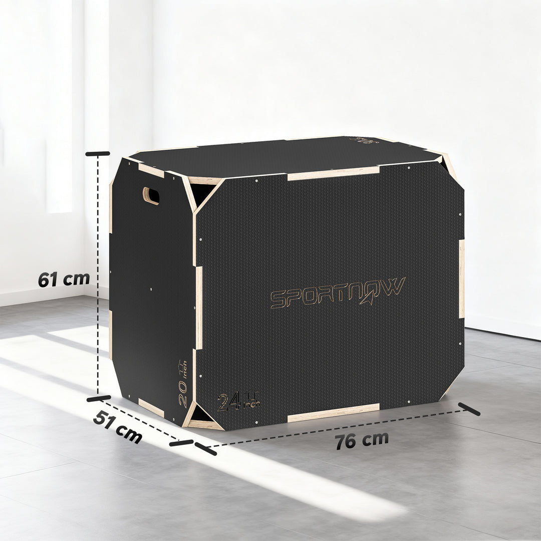 3-i-1 Plyo Box, hoppeboks med håndtagsåbninger, til hjemmefitness og udendørs træning, 3 hoppehøjder, træ, sort
