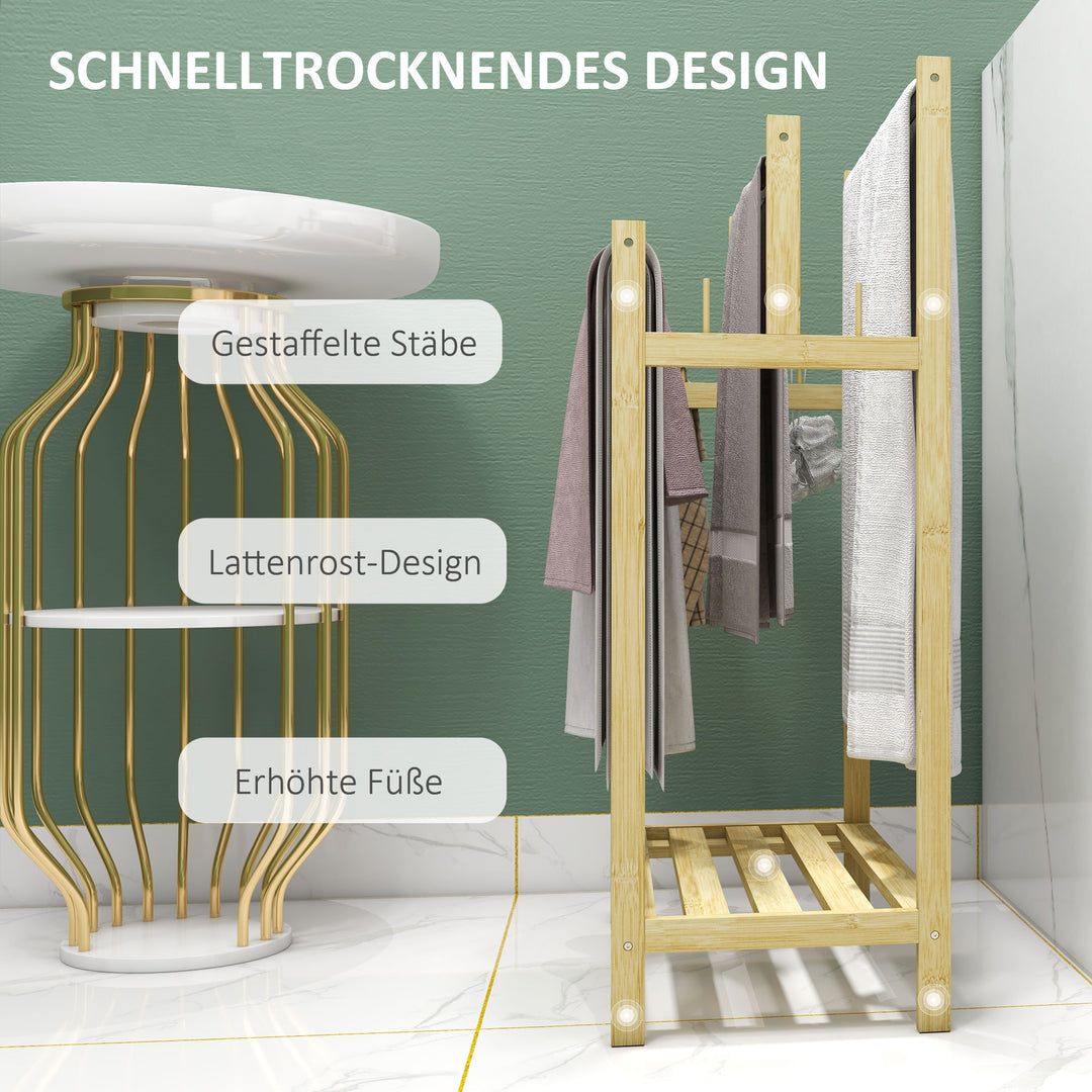 Fritstående håndklædetørrer med 3 stænger, bambus/rustfrit stål, 50,5 x 31 x 90 cm