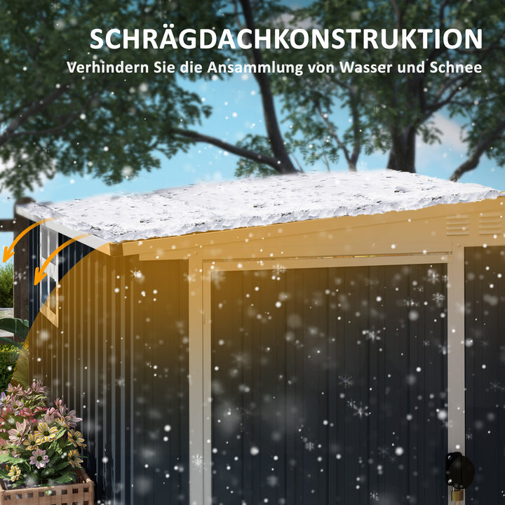 Haveskur, redskabsskur til haveredskaber, vinduer, ventilationsåbninger, aflåselig, stål, mørkegrå