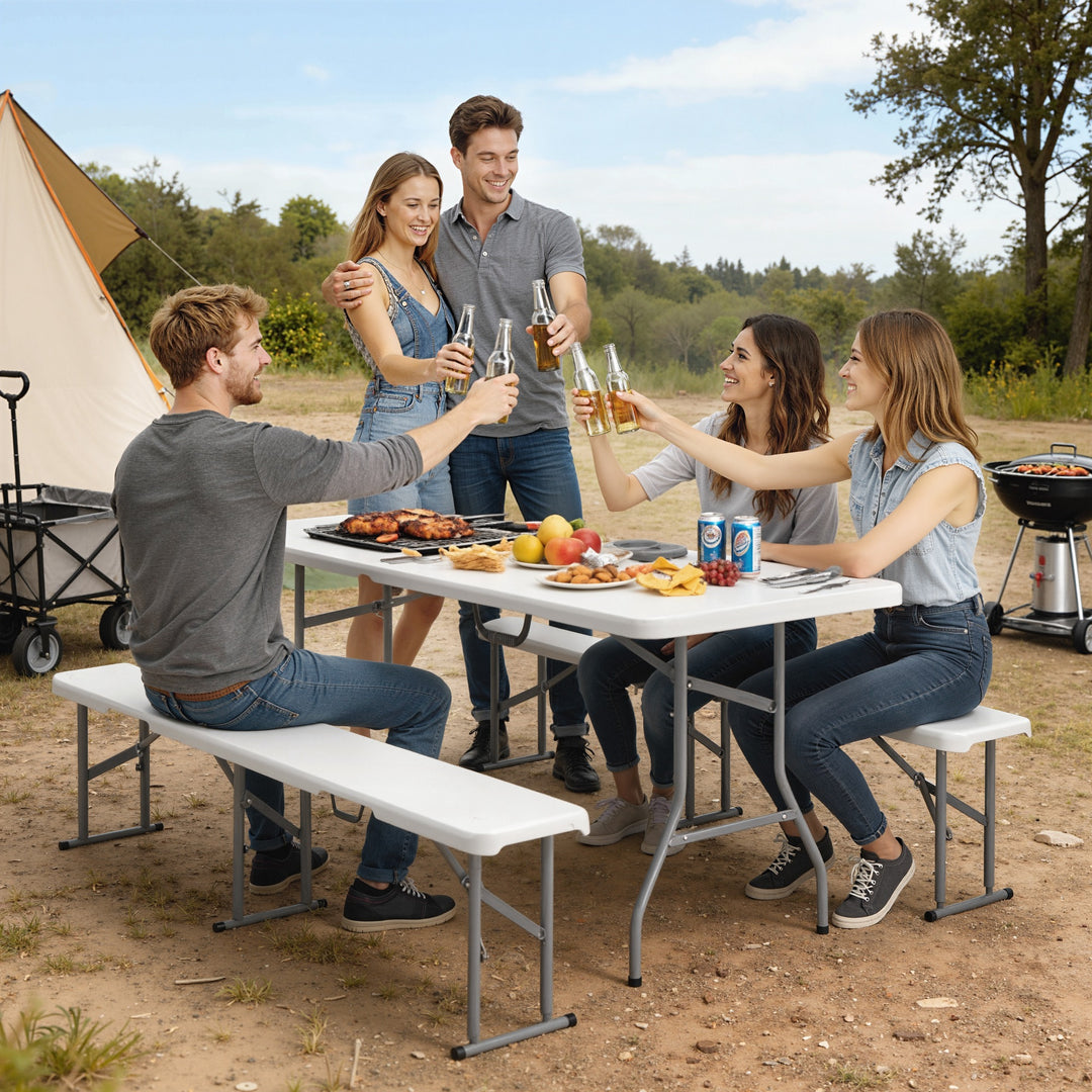 3-delt picnicbordsæt, 1 bord, 2 bænke, foldbart campingbord med bærehåndtag, plastik, metal, hvid