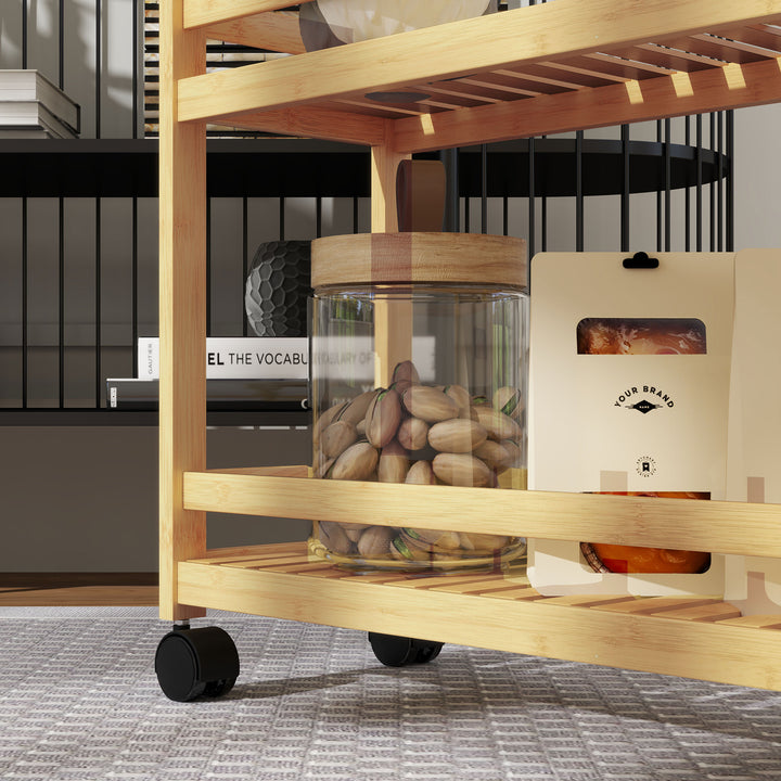 Serveringsvogn, 3 niveauer, lamelhylder, faldsikring, bambus, 55 x 20 x 75 cm