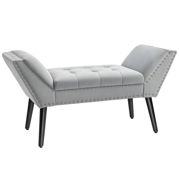 Polstret bænk klaverbænk med fløjlslook sengebænk til soveværelse, stue, entré, gummitræ lysegrå 114 x 46 x 56 cm