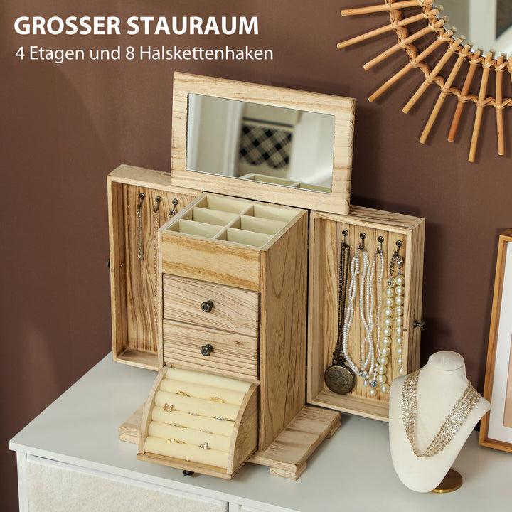 Smykkeskrin, 4-lags smykkeskrin med integreret spejl, træ, brun