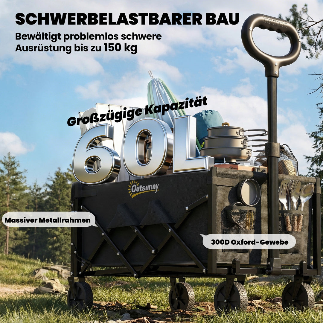 60L foldbar sækkevogn, havevogn, transportvogn med teleskophåndtag, bagklap, kopholder