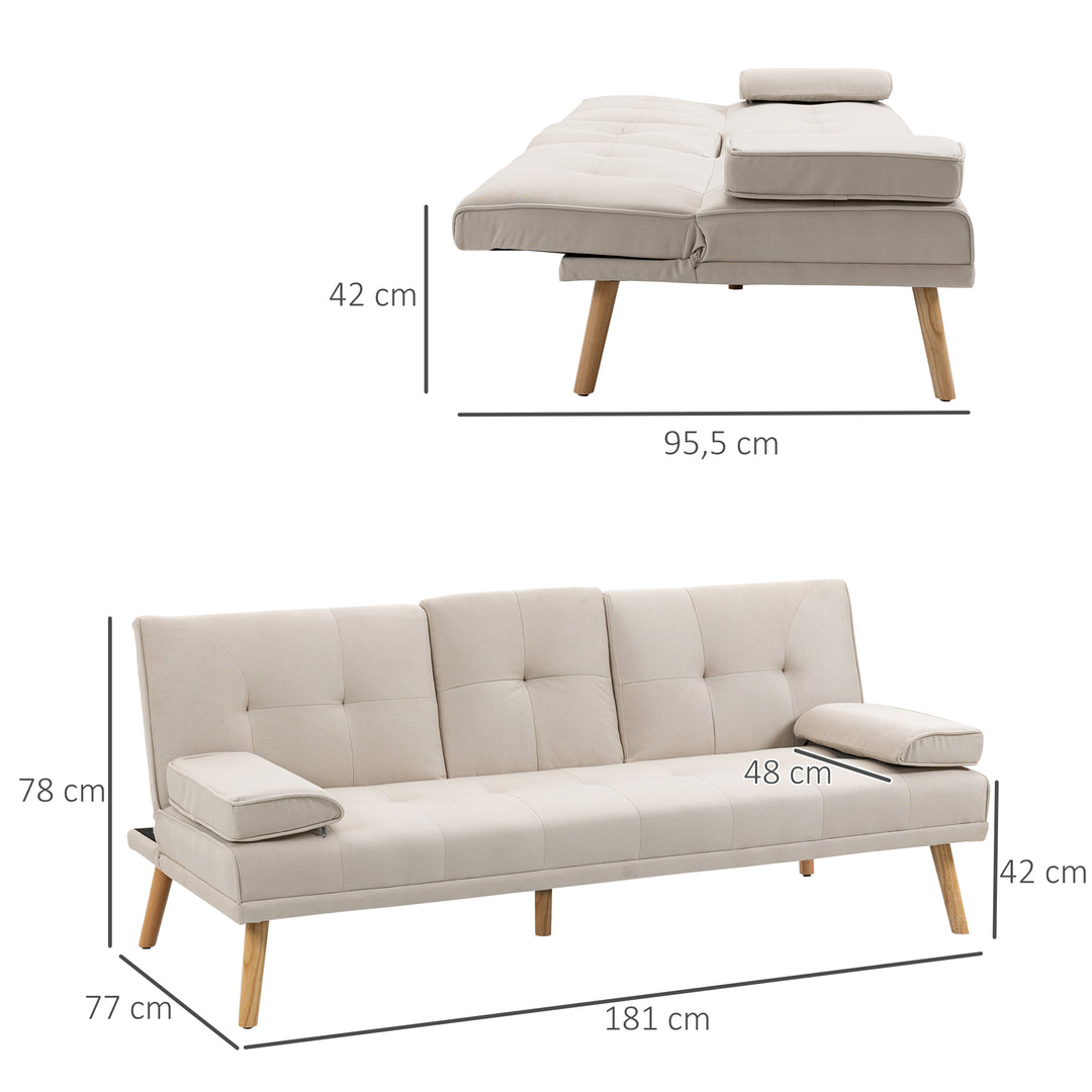 3-Personers sovesofa, ryglæn med justerbart lænestol og klapbord, to armlæn, linnedlook, beige, 181 x 77 x 78 cm