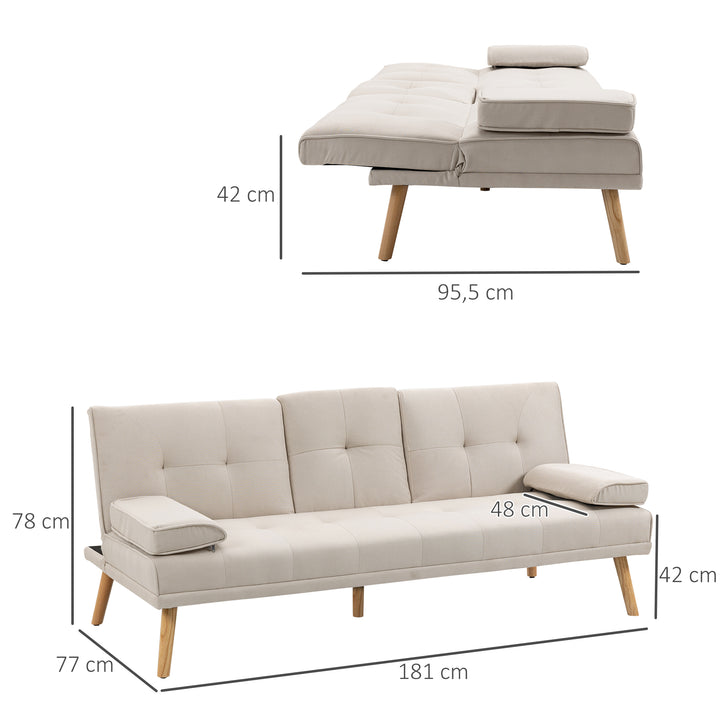 3-Personers sovesofa, ryglæn med justerbart lænestol og klapbord, to armlæn, linnedlook, beige, 181 x 77 x 78 cm