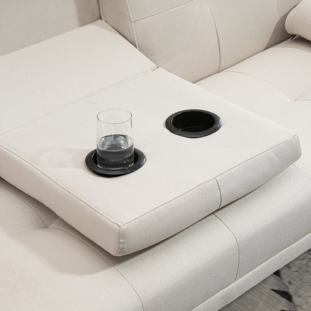 3-Personers sovesofa, ryglæn med justerbart lænestol og klapbord, to armlæn, linnedlook, beige, 181 x 77 x 78 cm