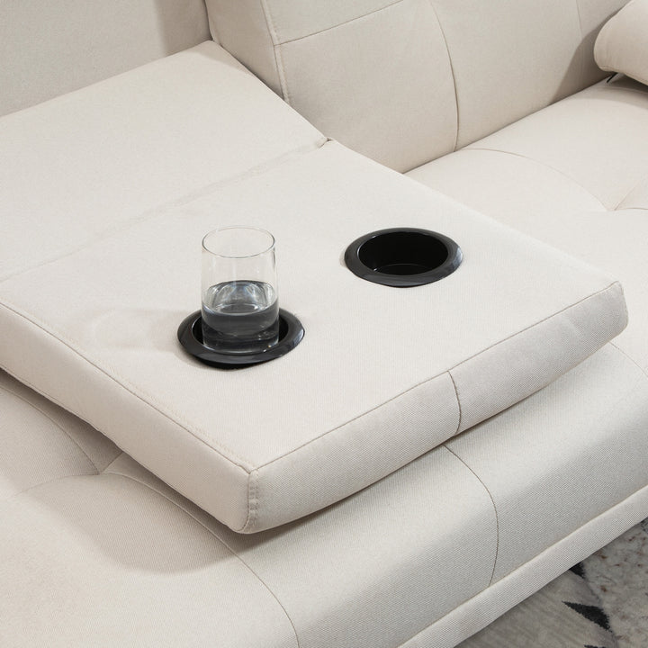 3-Personers sovesofa, ryglæn med justerbart lænestol og klapbord, to armlæn, linnedlook, beige, 181 x 77 x 78 cm