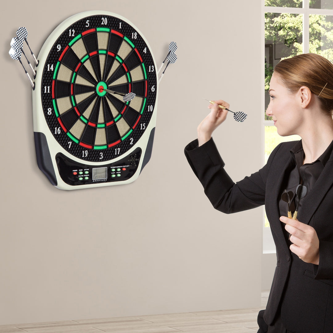 Elektronisk dartskive med stemmemeddelelser, LED-displays, 6 pile, 24 pilhoveder, 18 spil, 159 variationer, dartmaskine, dartskivesæt til op til 8 spillere