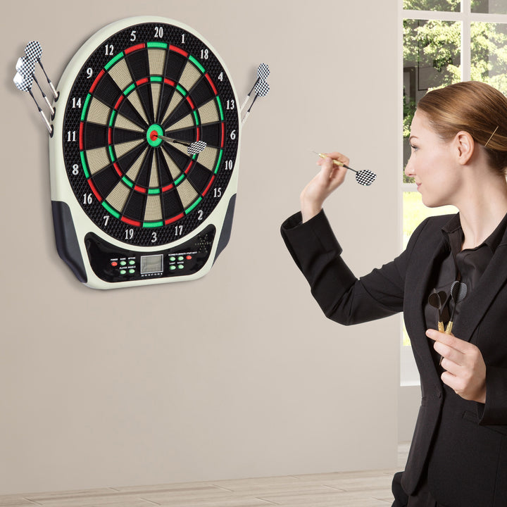 Elektronisk dartskive med stemmemeddelelser, LED-displays, 6 pile, 24 pilhoveder, 18 spil, 159 variationer, dartmaskine, dartskivesæt til op til 8 spillere