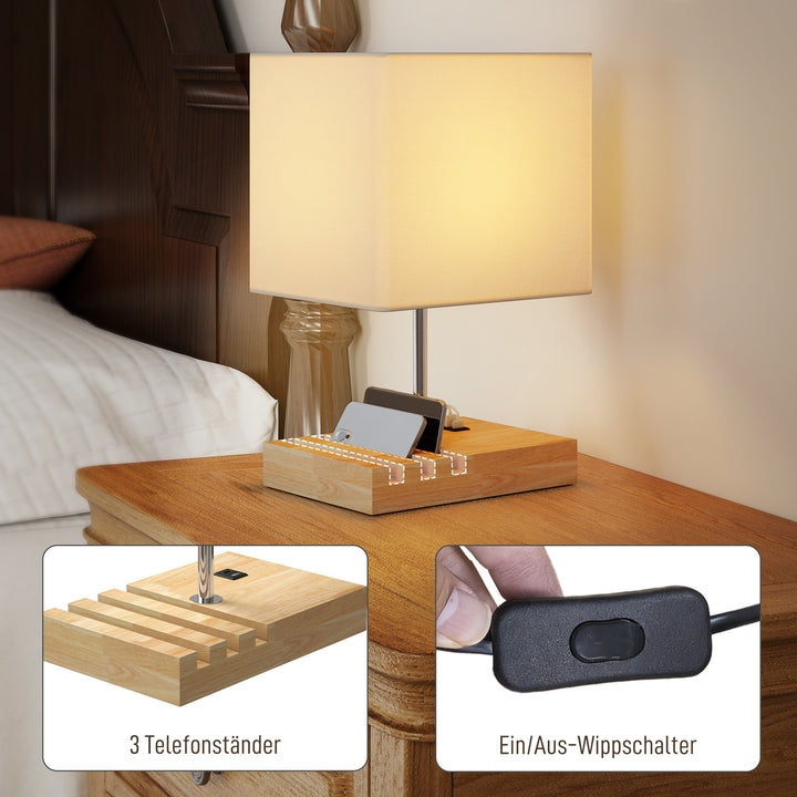Sengelampe, USB-porte, træ, stof, vippekontakt, opbevaringsrum, hvid