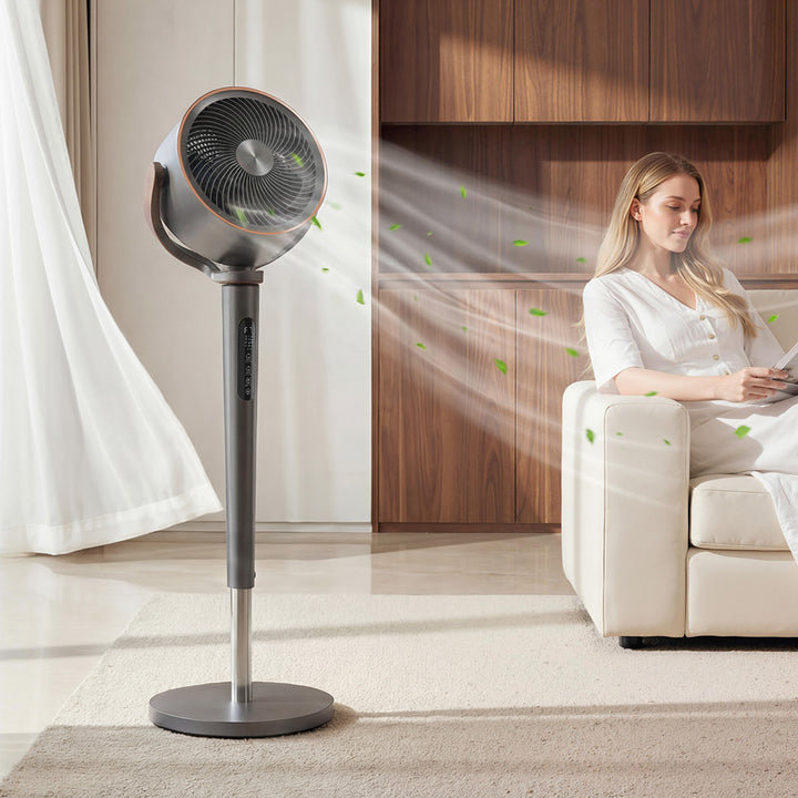 Sokkelventilator, luftcirkulator, ventilator med 12 hastighedsindstillinger, LED-display, fjernbetjening, 70°+90° oscillation, grå