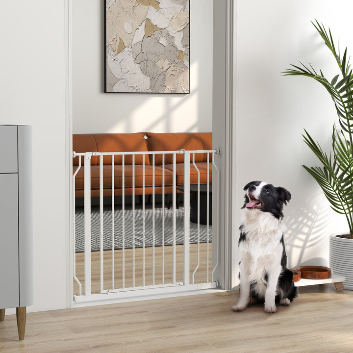 Hundesikkerhedsgitter, barrieregitter, tovejsåbning, vægbeslag med trykknapper, justerbar fra 75 cm til 95 cm, hvid