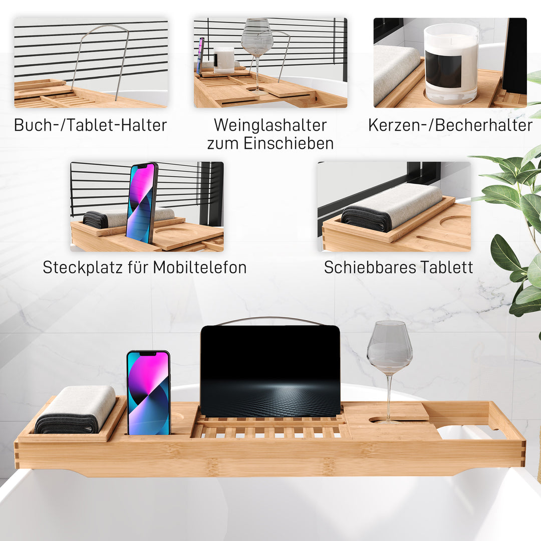 Badekarshylde badekarsbro  badekarsstøtte badekarsbakke, bambus, naturfarvet, (70-105) x 21,8 x 5 cm