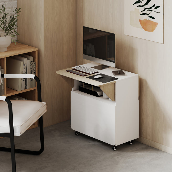 Klapbord med rulleskab, to klapbordssider, skab, 4 hjul, hvid + naturtræ, 70 x 83 x 75 cm