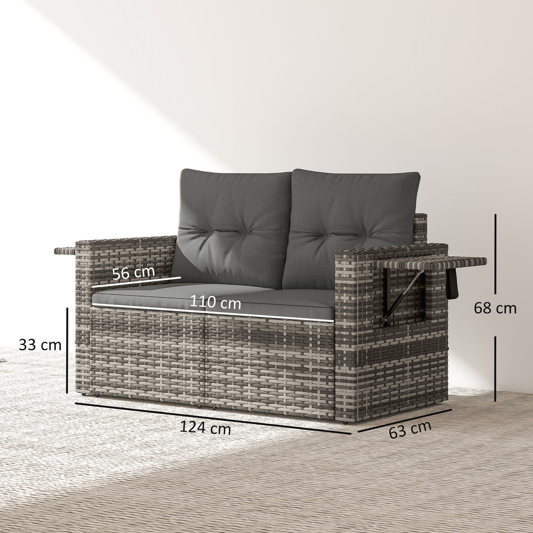 2-personers rattansofa med hynder, foldbare sidebakker, loungesofa, siddegruppe, lysegrå