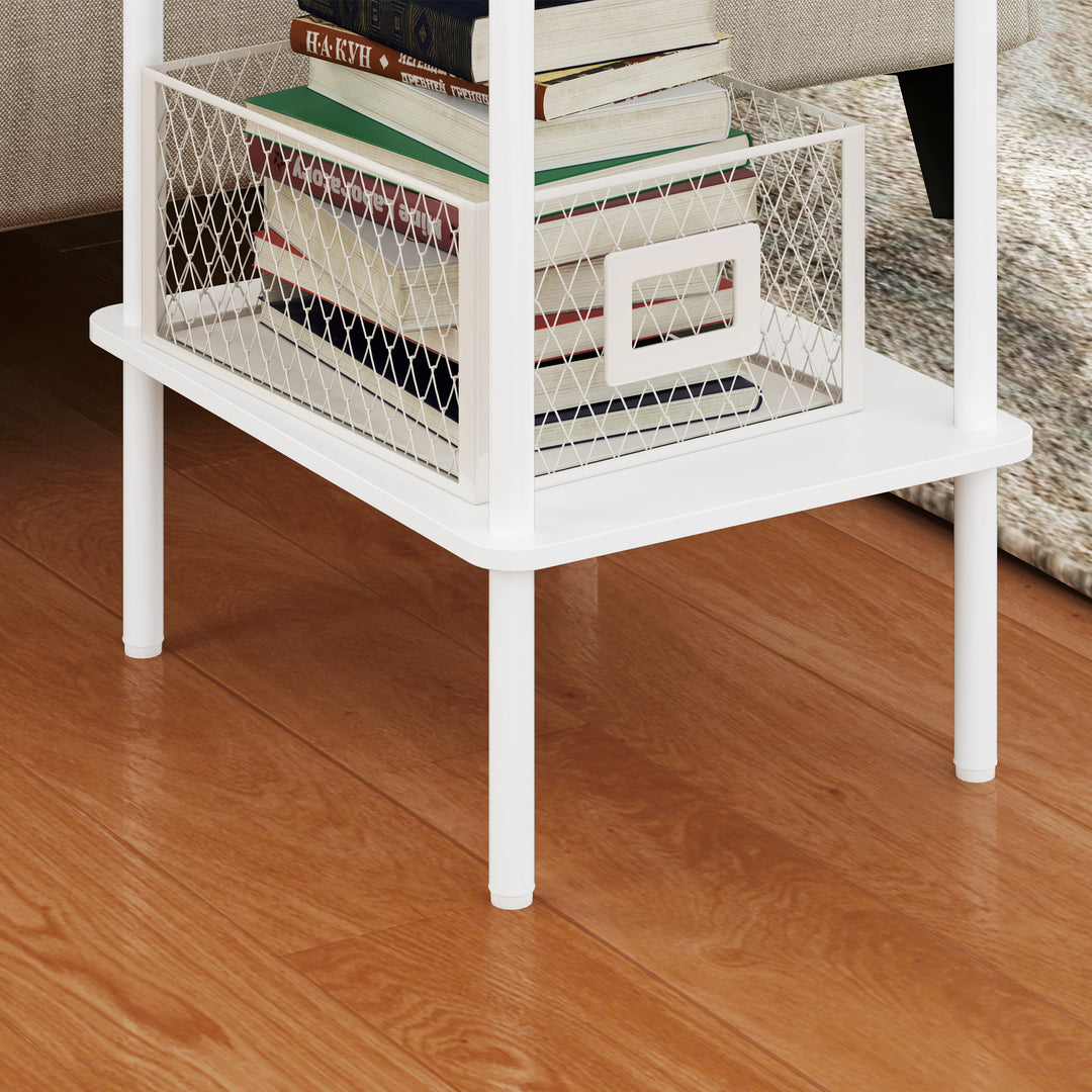 Moderne 2-lags sidebord med opbevaringsrum og metalstel til stue, soveværelse, hvid