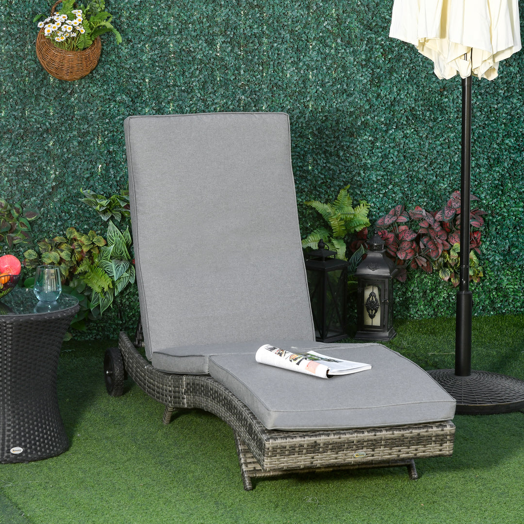 Polyrattan liggestol, havestol med hynde, justerbar i 5 positioner, rattan liggestol, havemøbler, S-formet liggestol, metal, grå, 207 x 70 x 70 cm